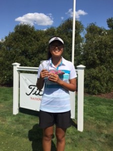 Crystal Wang with trophy and Scotty Cameron head cover for shooting the low score in the final round of the AJGA event.